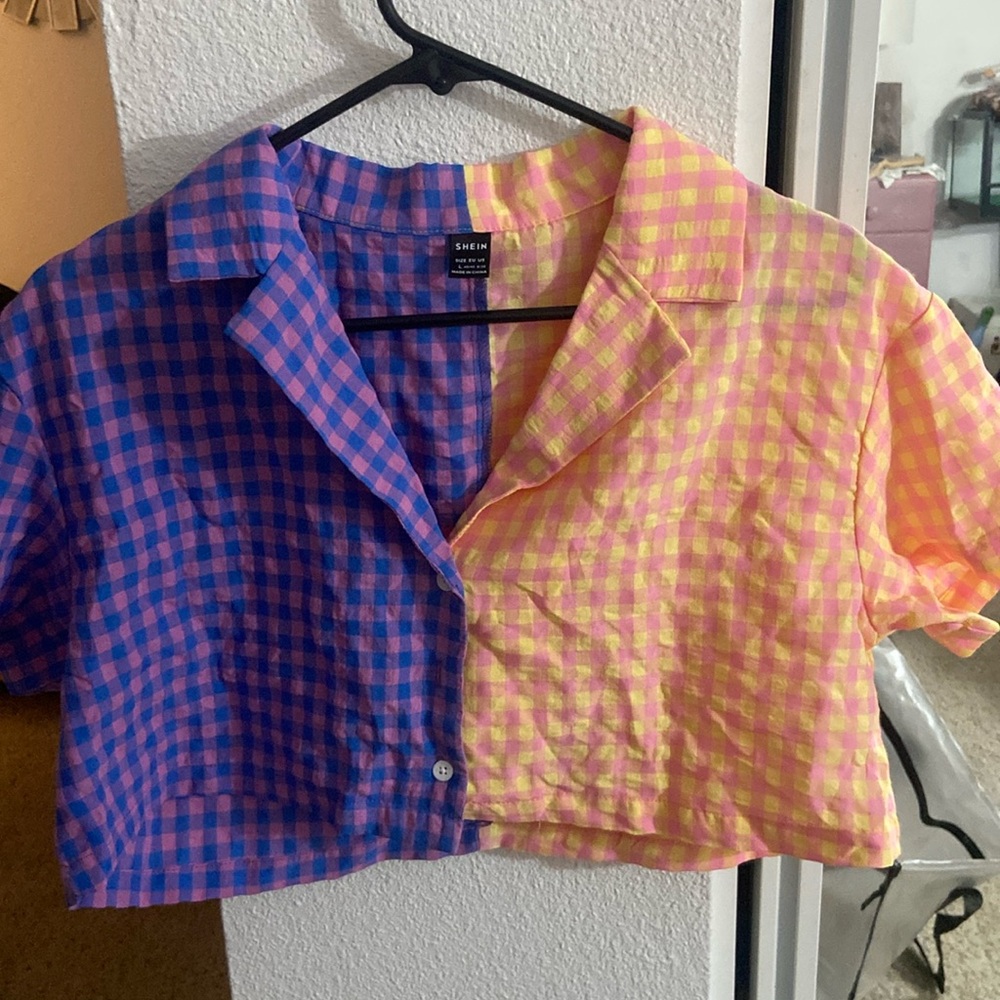 Color block purple and yellow gingham shirt